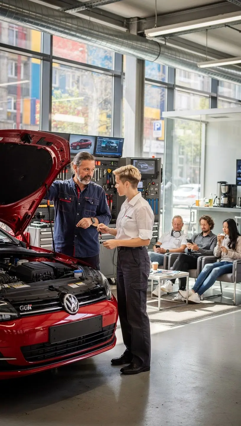 Schneller Ölwechsel in einem modernen deutschen Auto-Servicezentrum mit professionellen Technikern.